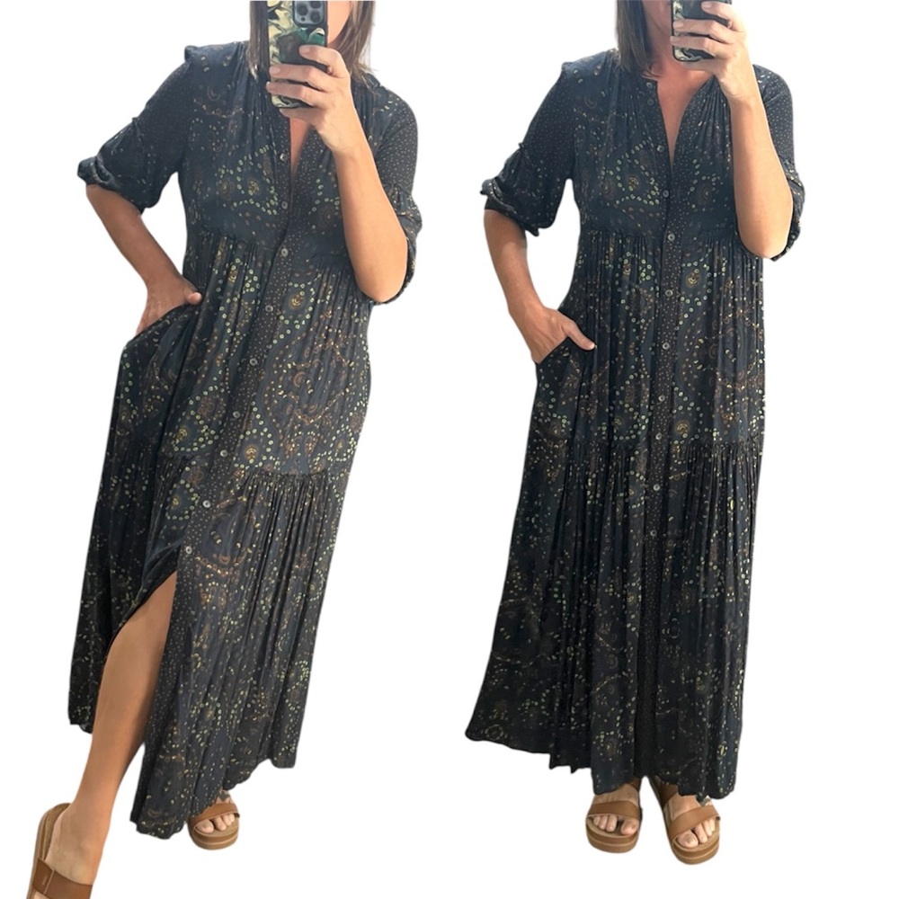 Malia Mills Flowy Button Front 3/4 Sleeve Maxi Shirt Dress - Picture 2 of 16